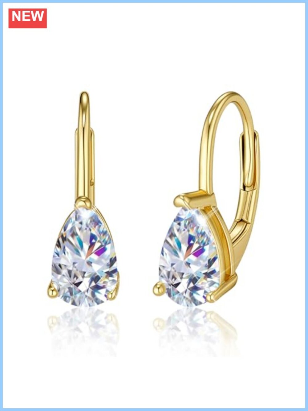 Teardrop Moissanite Gold Plated Hoop Earrings Leverback 2ct